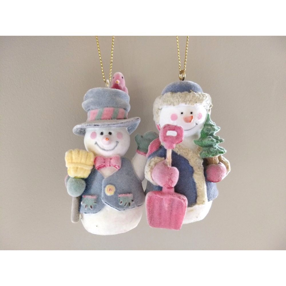 Flocked Mr.‎ & Mrs. Snowman Christmas Ornaments Red Bird Vintage Lot of 2